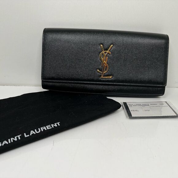 YVES SAINT LAURENT KATE CLUTCH IN GRAIN DE POUDRE LEATHER BLACK HANDBAG - Picture 1 of 11
